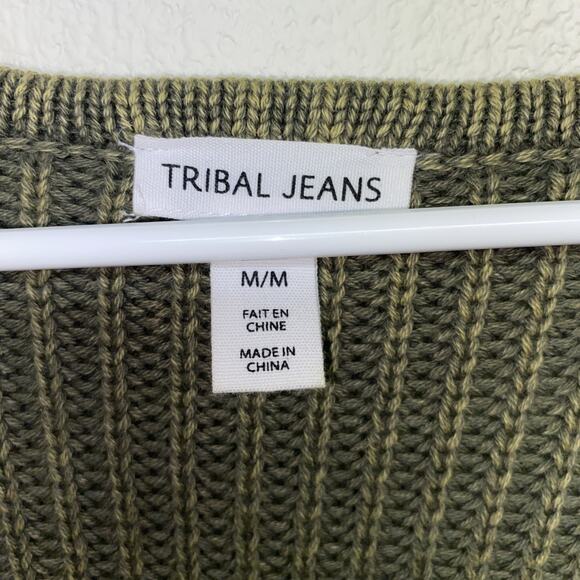 TRIBAL JEANS Women's M Green Cable Knit V Neck Long Sleeve Sweater - Picture 7 of 10